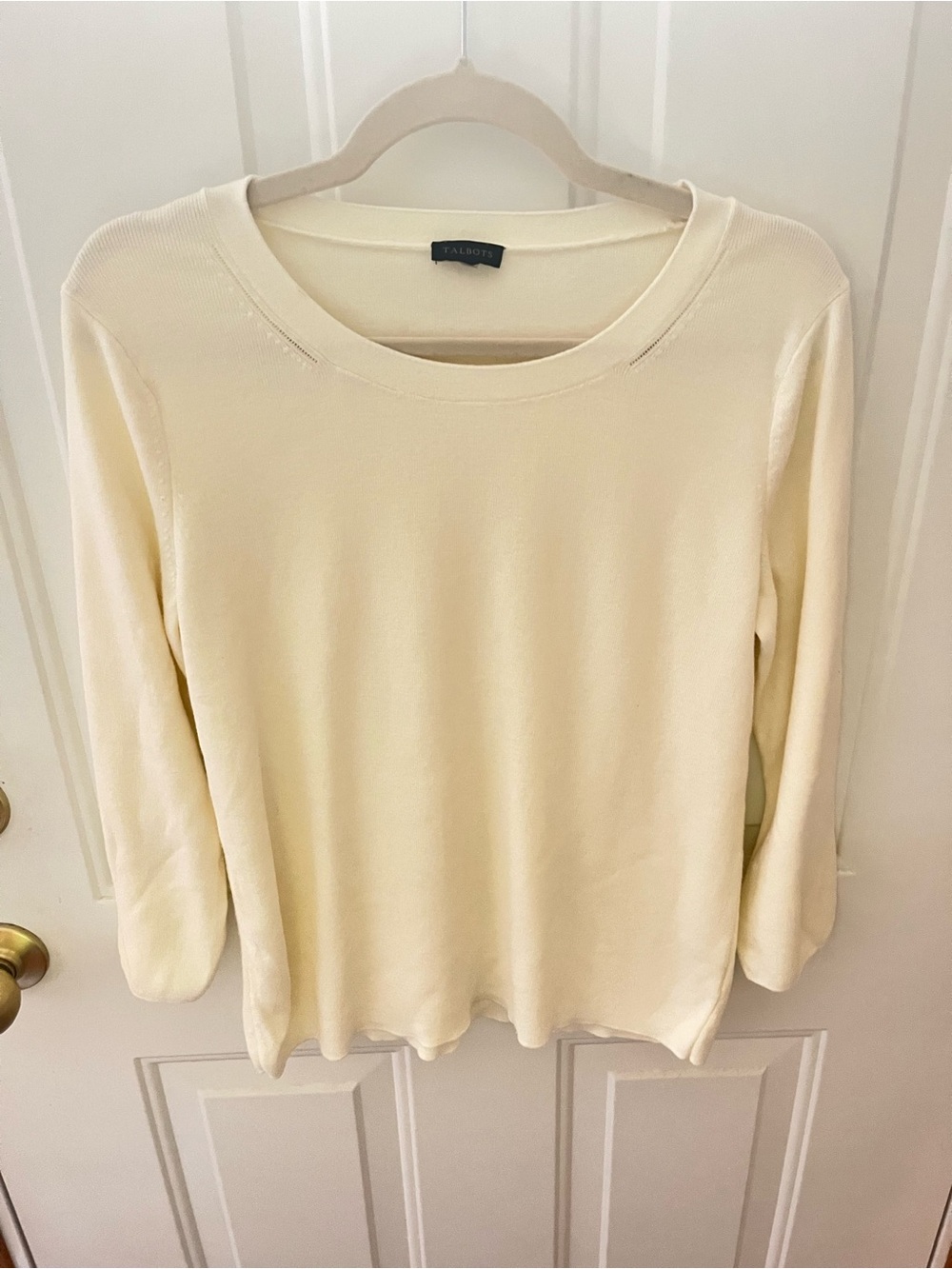 Talbots Cream Knit Sweater Gold Button Sleeve Detail Classic Top